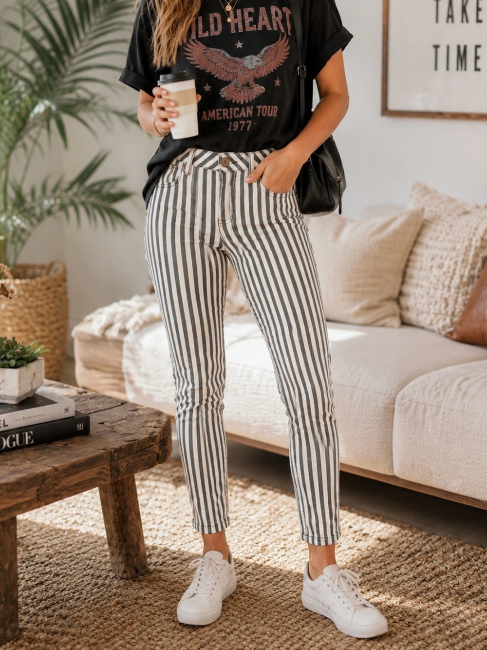 ChiQle Denim Architect Black Ivory Striped Skinny Jeans Size 9 Stretch Mid Rise